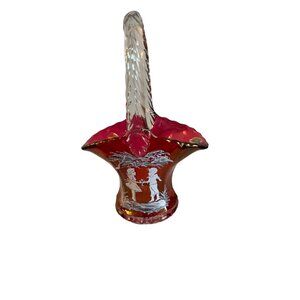 Westmoreland Mary Gregory Ruby Red Glass Basket With Boy & Girl  7" Tall Handle